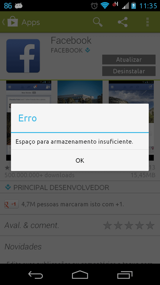 Armazenamento insuficiente