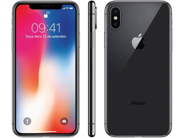 iPhone X preto nas vistas frontal, lateral e traseira, com destaque para a frontal, com a tela ligada.