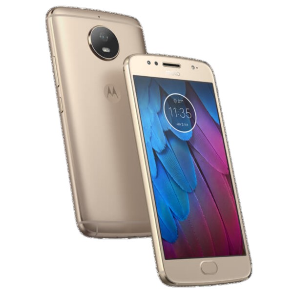 Moto G5S dourado, nas vistas frontal e traseira, com destaque para a frontal, com a tela ligada.
