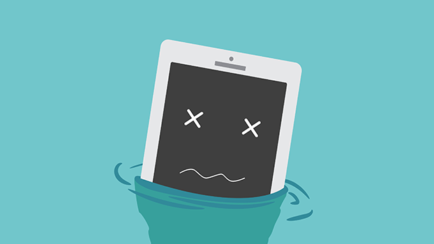 Celular em cartoon imerso em água. Na tela, uma expressão de desconforto.